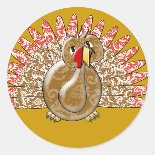Cute Cartoon Turkey Damask Pattern Classic Round Sticker (Front)