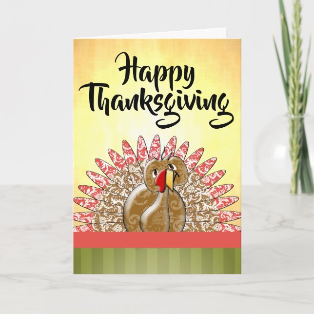 Cute Cartoon Turkey Damask Pattern Holiday Card (Front)