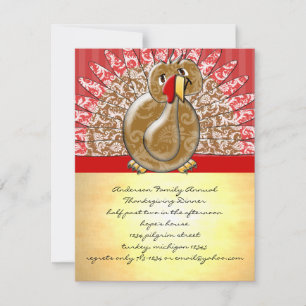 Cute Cartoon Turkey Damask Pattern Invitation