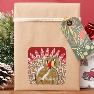 Cute Cartoon Turkey Damask Pattern Square Sticker