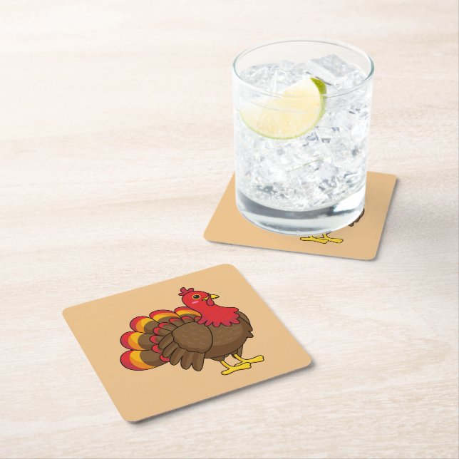 Cute Cartoon Turkey Square Paper Coaster (Insitu)