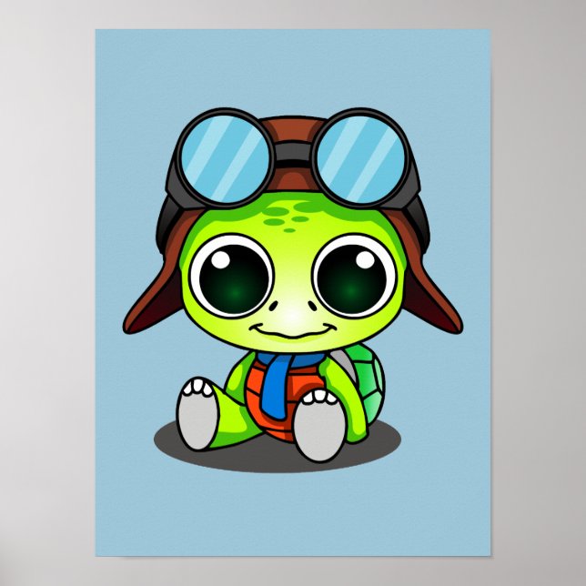Cute Cartoon Turtle in Aviator Hat Poster (Front)