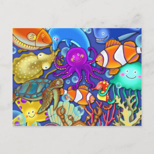 Cute Cartoon Underwater Coral Reef Sea Life World Postcard