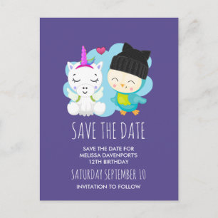 Cute Cartoon Unicorn & Bird Save the Date Postcard