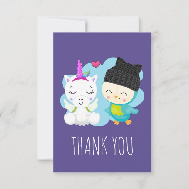 Cute Cartoon Unicorn & Bird Thank You (Front)