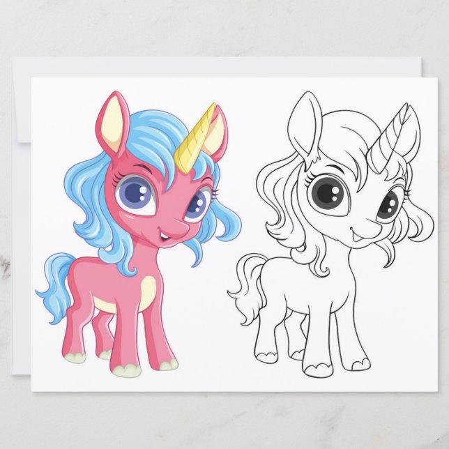 Cute Cartoon unicorn colouring page (Front)