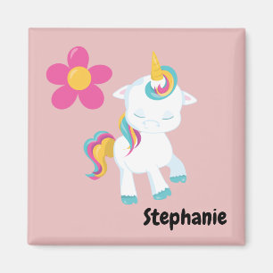 Cute Cartoon Unicorn w/Pink Flower Magnet