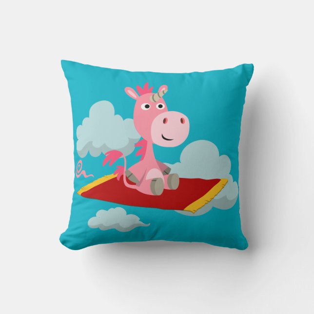 Cute Cartoon Unicorn's Magic Carpet Ride Pillow (Front)