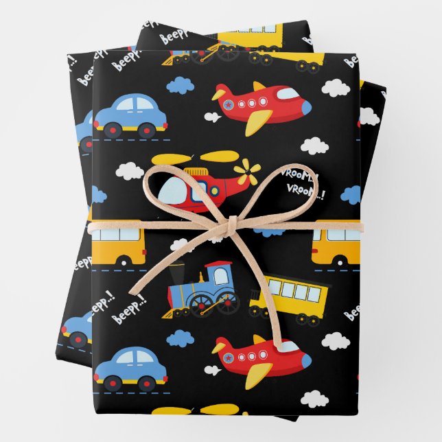 Cute Cartoon Vehicles Pattern  Wrapping Paper Sheet (In situ)