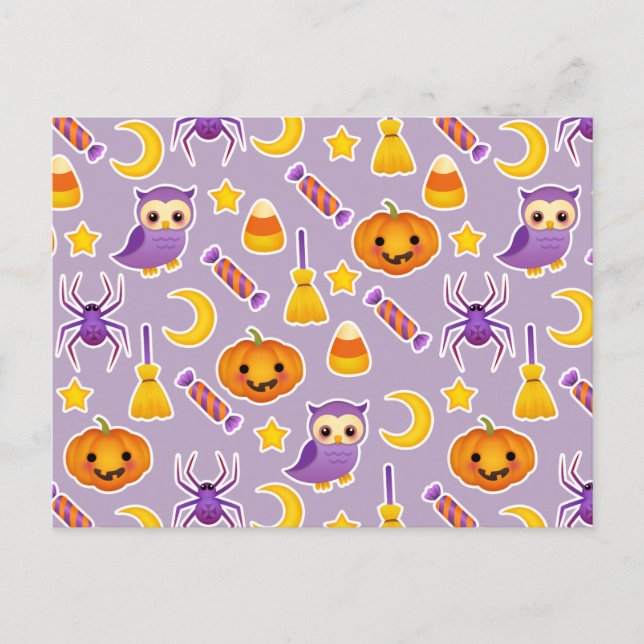 Cute Cartoon Violet Halloween Design With Pumpkins Postcard (Front)