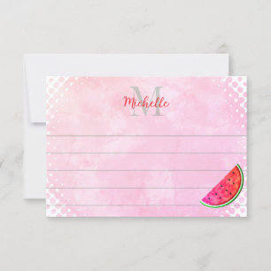 Cute Cartoon Watermelon Watercolor Monogram Lined Card