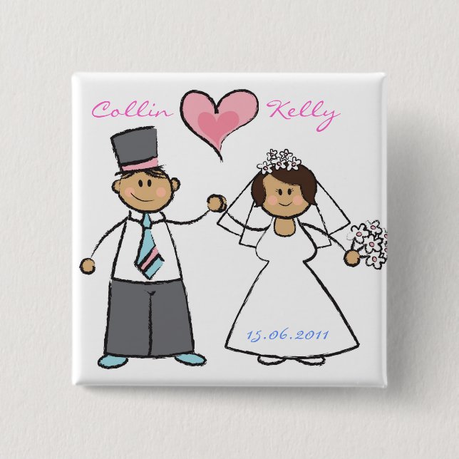 Cute Cartoon Wedding Couple Bride & Groom Button (Front)