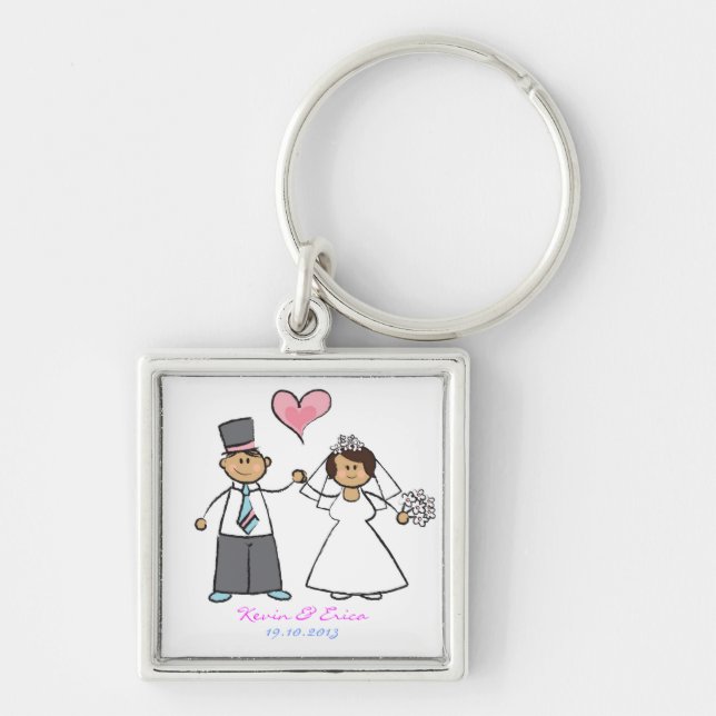 Cute Cartoon Wedding Couple Bride Groom Love Heart Key Ring (Front)