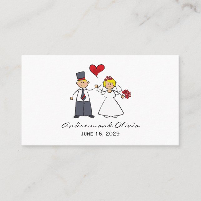 Cute Cartoon Wedding Couple Bride Groom Love Heart Place Card (Front)