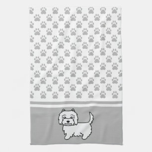 Cute Cartoon Westie Dog With Grey Paws Pattern Tea Towel