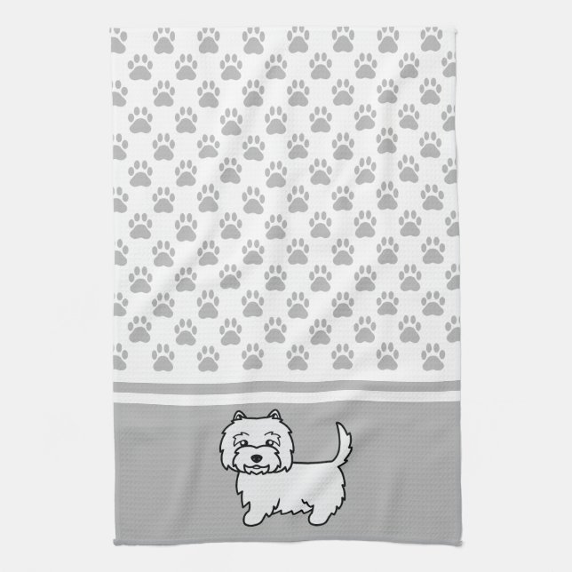 Cute Cartoon Westie Dog With Grey Paws Pattern Tea Towel (Vertical)