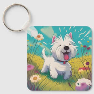 Cute cartoon Westie running through the flowers Key Ring