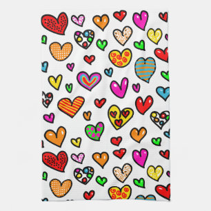 Cute Cartoon Whimsical Multi Love Heart Pattern Tea Towel