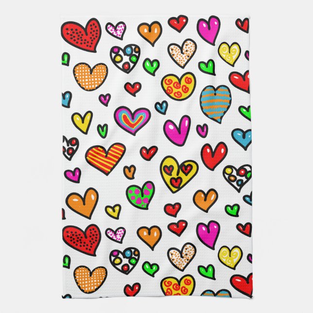 Cute Cartoon Whimsical Multi Love Heart Pattern Tea Towel (Vertical)