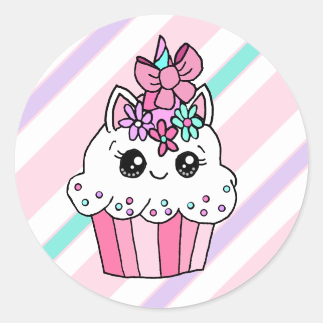 Cute Cartoon Whimsical Pink Unicorn Cupcake Classic Round Sticker (Front)