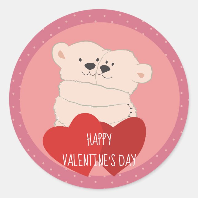 Cute Cartoon White Bears Hug Pink Valentine's Classic Round Sticker (Front)