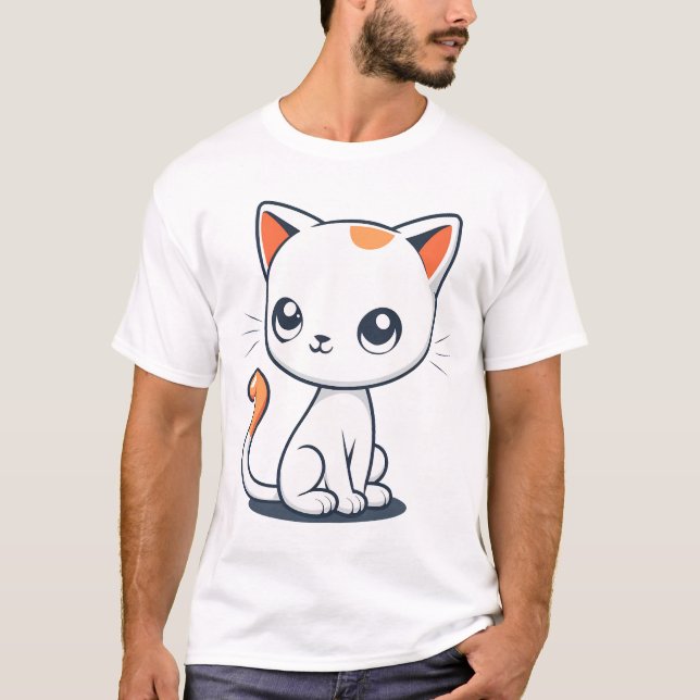 Cute Cartoon White Cat Illustration T-Shirt (Front)