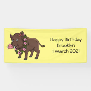 Cute cartoon wild boar and flowers  banner
