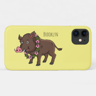 Cute cartoon wild boar and flowers iPhone 11 case