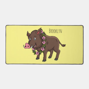 Cute cartoon wild boar and flowers desk mat