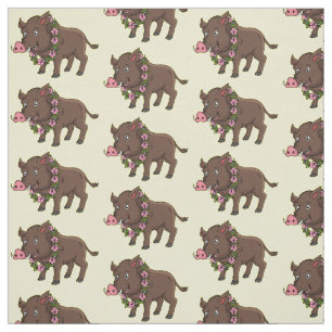 Cute cartoon wild boar and flowers fabric