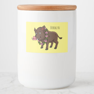 Cute cartoon wild boar and flowers food label