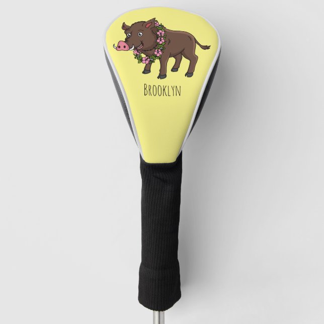 Cute cartoon wild boar and flowers  golf head cover (Front)