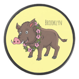 Cute cartoon wild boar and flowers hockey puck