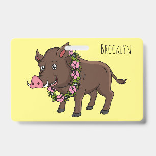 Cute cartoon wild boar and flowers ID badge