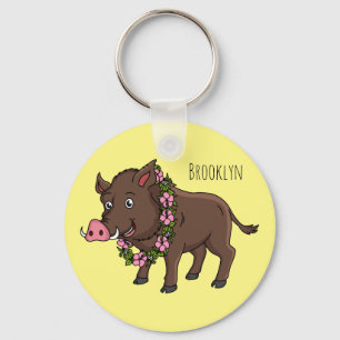 Cute cartoon wild boar and flowers key ring