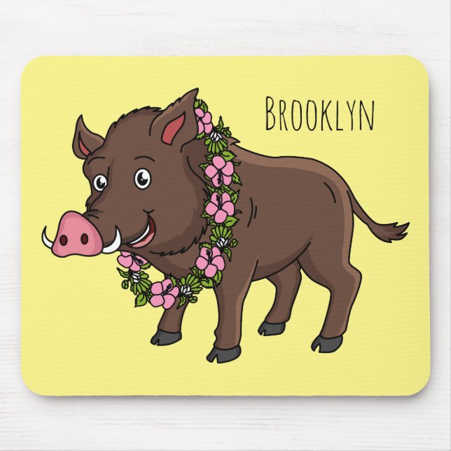 Cute cartoon wild boar and flowers mouse mat (Front)