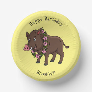 Cute cartoon wild boar and flowers paper plate