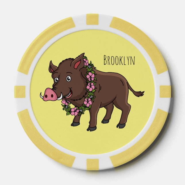 Cute cartoon wild boar and flowers  poker chips (Front)