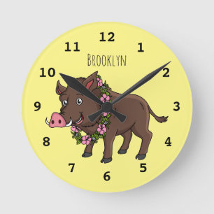 Cute cartoon wild boar and flowers  round clock