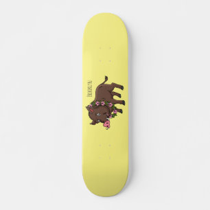 Cute cartoon wild boar and flowers  skateboard