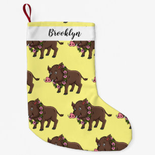 Cute cartoon wild boar and flowers small christmas stocking