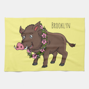 Cute cartoon wild boar and flowers  tea towel
