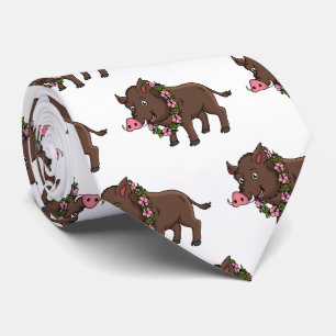 Cute cartoon wild boar and flowers tie
