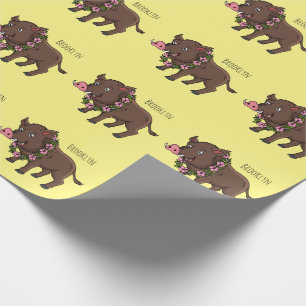 Cute cartoon wild boar and flowers wrapping paper