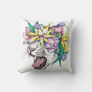 Cute cartoon wild cat head in a floral wreath. Bea Cushion