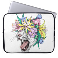 Cute cartoon wild cat head in a floral wreath. Bea