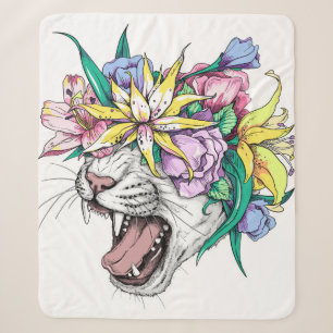 Cute cartoon wild cat head in a floral wreath. Bea Sherpa Blanket
