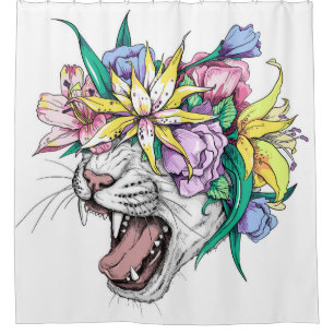 Cute cartoon wild cat head in a floral wreath. Bea Shower Curtain