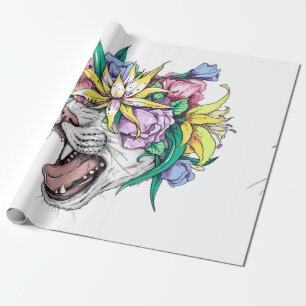 Cute cartoon wild cat head in a floral wreath. Bea Wrapping Paper