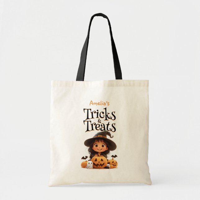 Cute Cartoon Witch Ghosts Pumpkins Trick & Treat Tote Bag (Front)